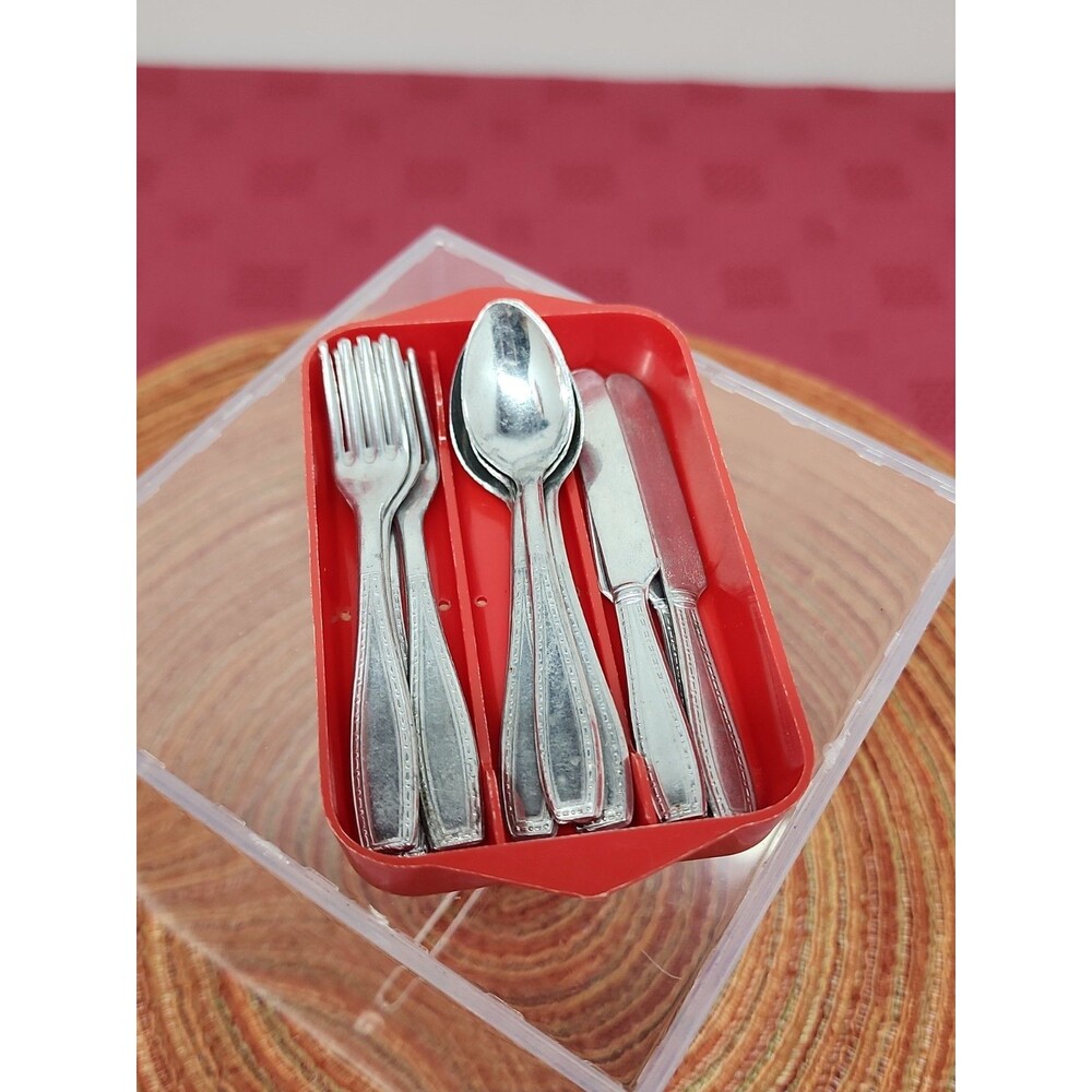 Vintage SIGG Switzerland Miniature Toy Aluminum 12 Piece Flatware Set W Holder